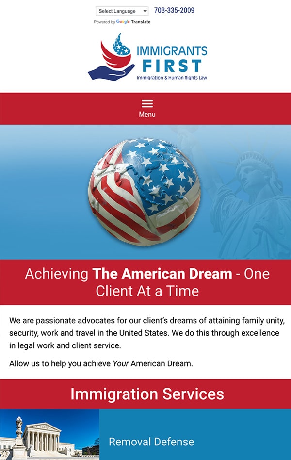 Mobile Friendly Law Firm Webiste for Immigrants First, PLLC