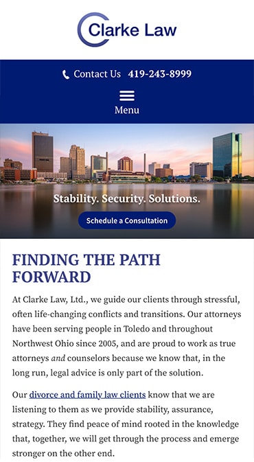 Responsive Mobile Attorney Website for Clarke Law, Ltd.