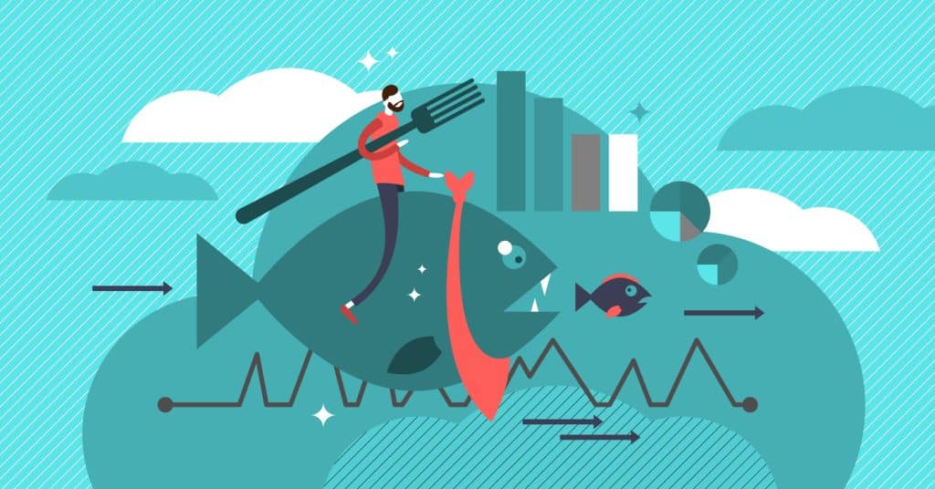 vector of man riding a fish eating a smaller fish - keyword cannibalization concept