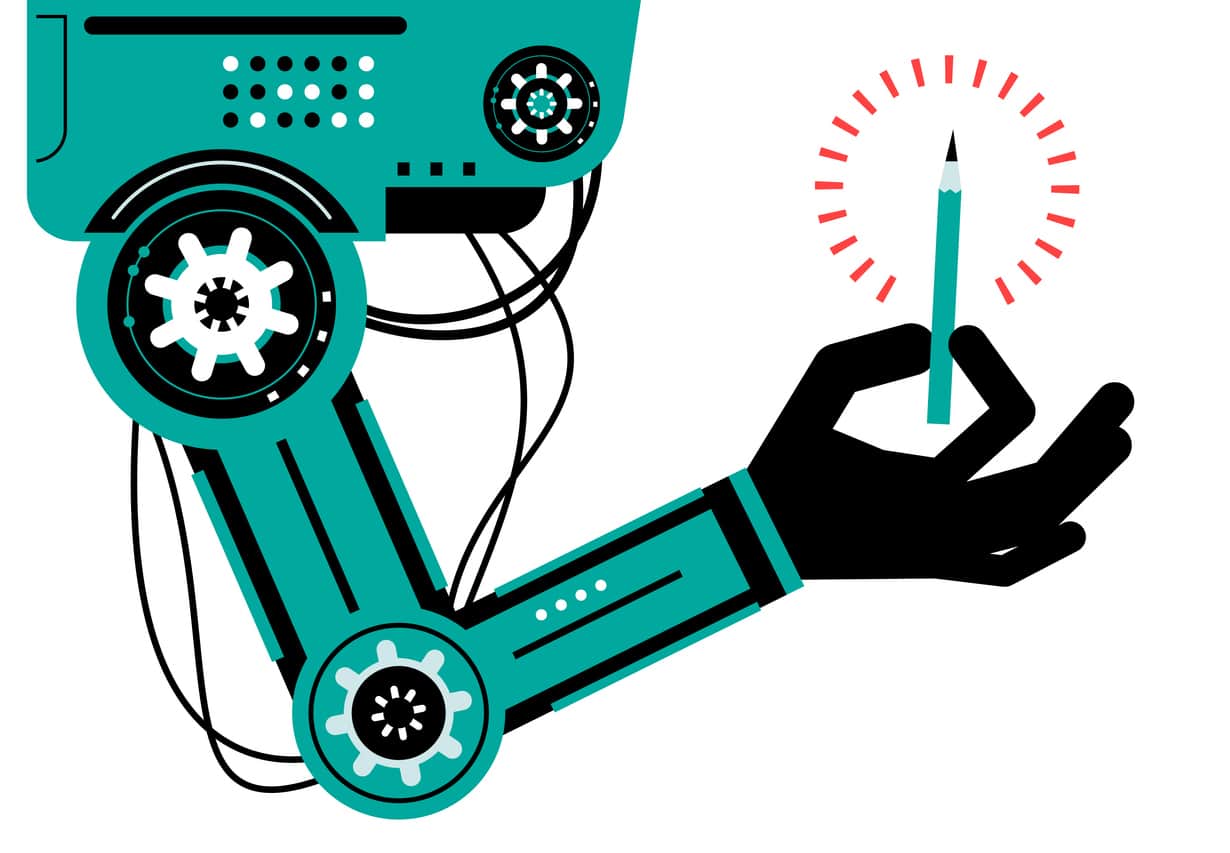 vector illustration of a robotic arm holding a pencil - should law firms use ai for content creation concept